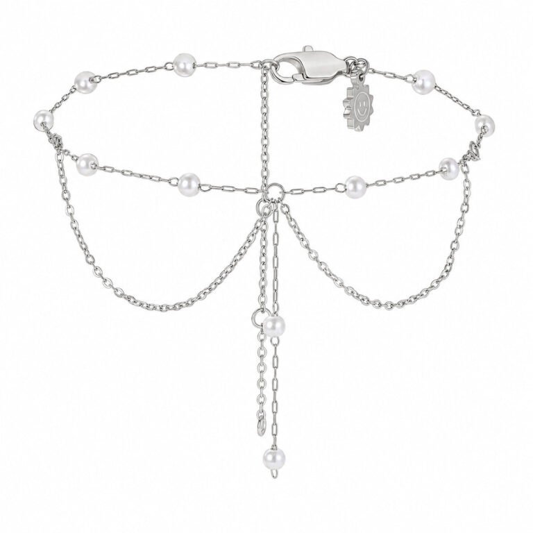Double Pearl Drop Layered Anklet Waterproof - Silver