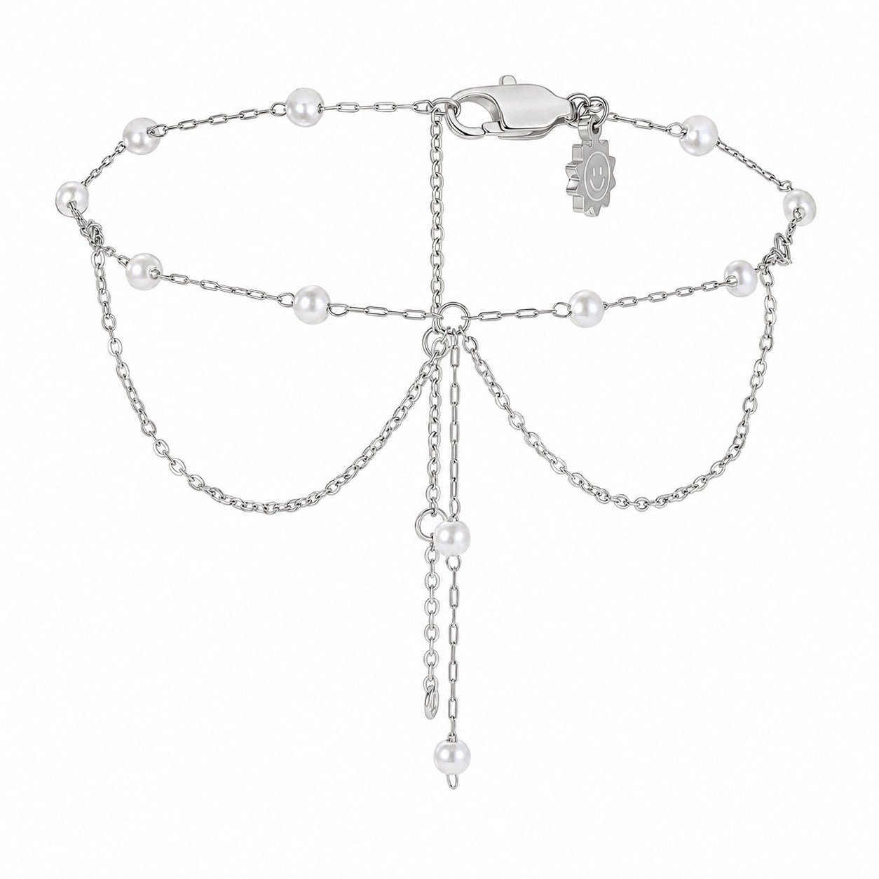 Double Pearl Drop Layered Anklet Waterproof - Silver