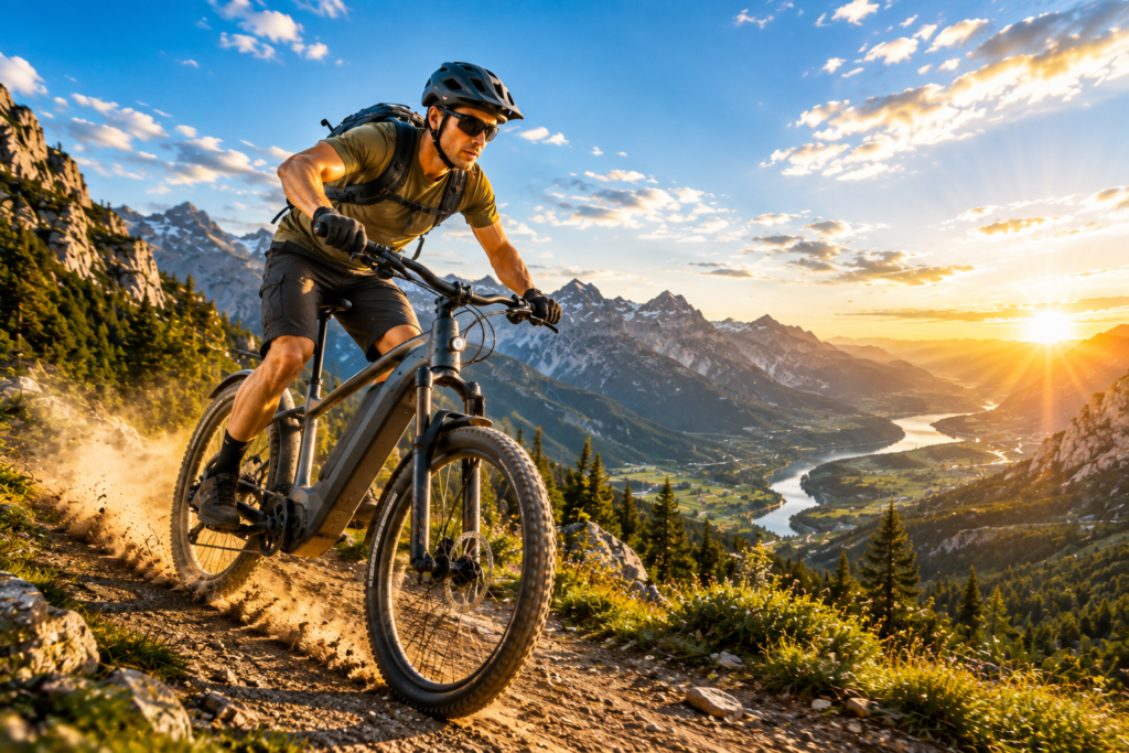 Mountain biker riding an electric mountain bike on a rugged alpine trail at sunset with mountains and a river valley in the background.