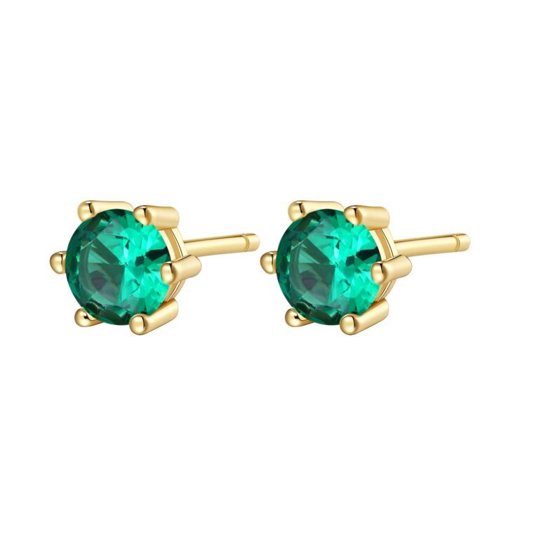 Emerald Gemstone Stud Earrings Sterling Silver - Gold