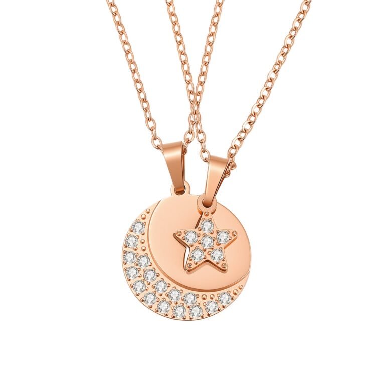 Interlocking Star & Moon Necklace Set Waterproof - Rose Gold