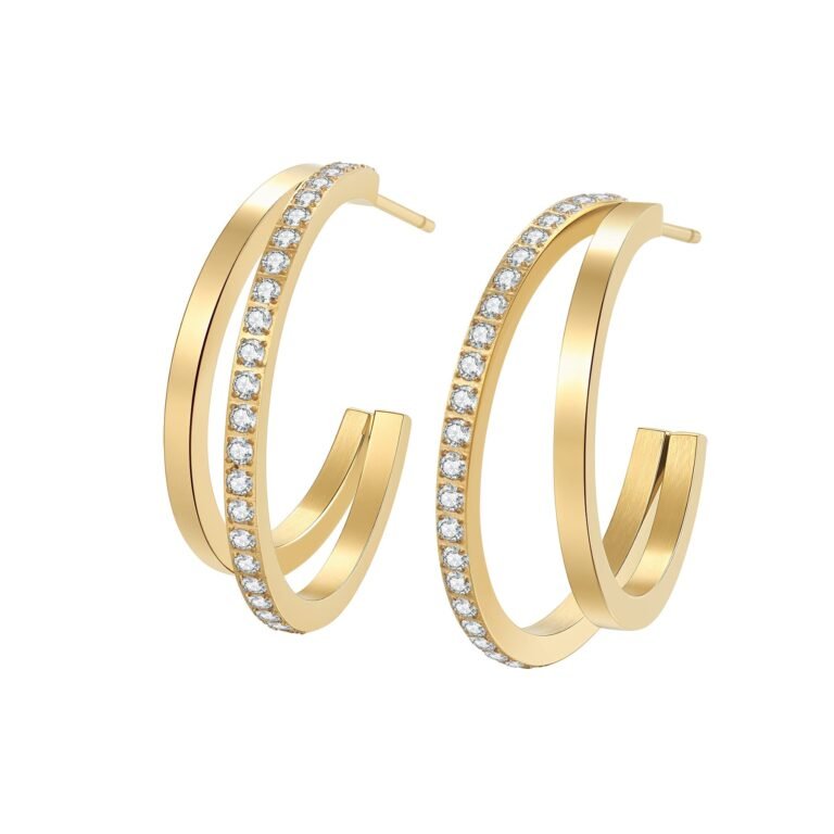Layered Gemstone Hoop Earrings Waterproof - Gold