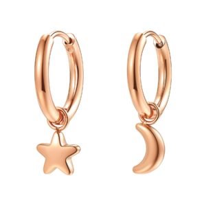 Moon and Star Hoop Earrings Waterproof - Rose Gold