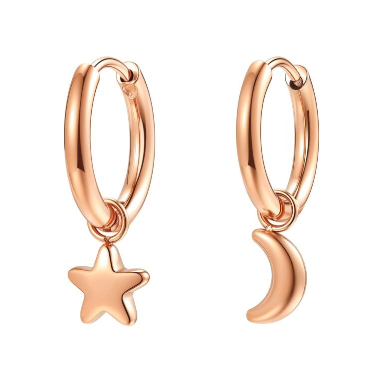 Moon and Star Hoop Earrings Waterproof - Rose Gold