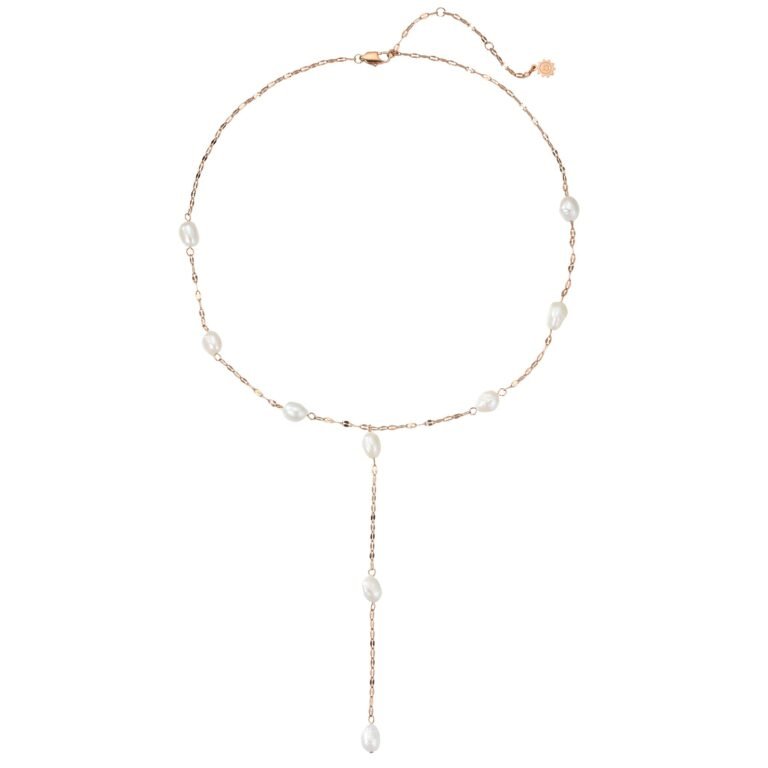 Rolo Chain Pearl Y Necklace Waterproof - Rose Gold