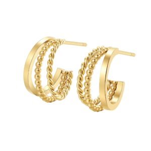 Twist & Bead Hoop Earrings Waterproof - Gold
