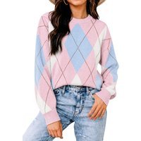 Womens Pink  Crew Neck Argyle Sweater | CicyBell