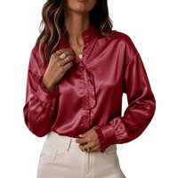Womens Burgundy Satin Button Down Shirts | CicyBell