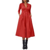 Womens Red Long Sleeve A-Line Midi Dress| CicyBell