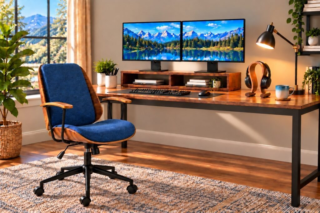 Bright modern home office with a blue upholstered chair, dual monitors displaying a mountain landscape, walnut desk, monitor riser, desk lamp, wooden headphone stand, and plants.