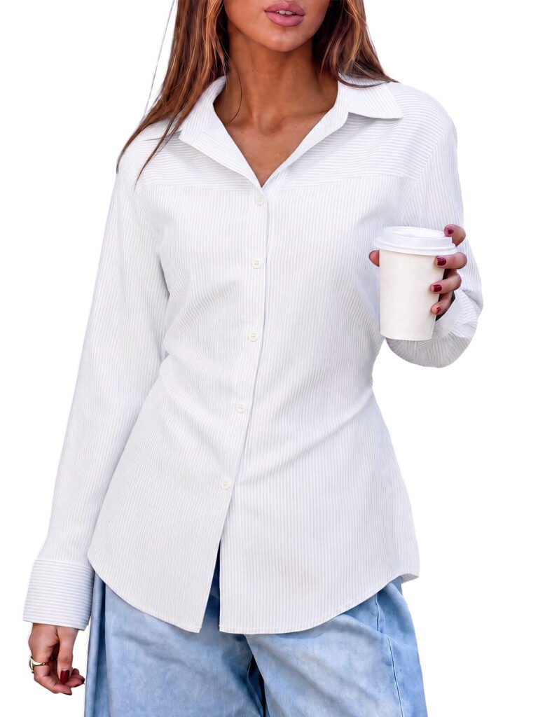 Womens White Striped Button Down Shirt | CicyBell - White / S