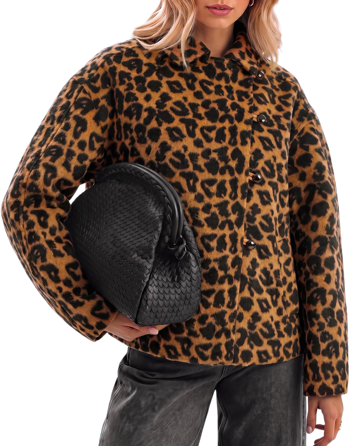 Womens Leopard Brown Faux Wool Pea Coat | CicyBell - Leopard Brown / Small