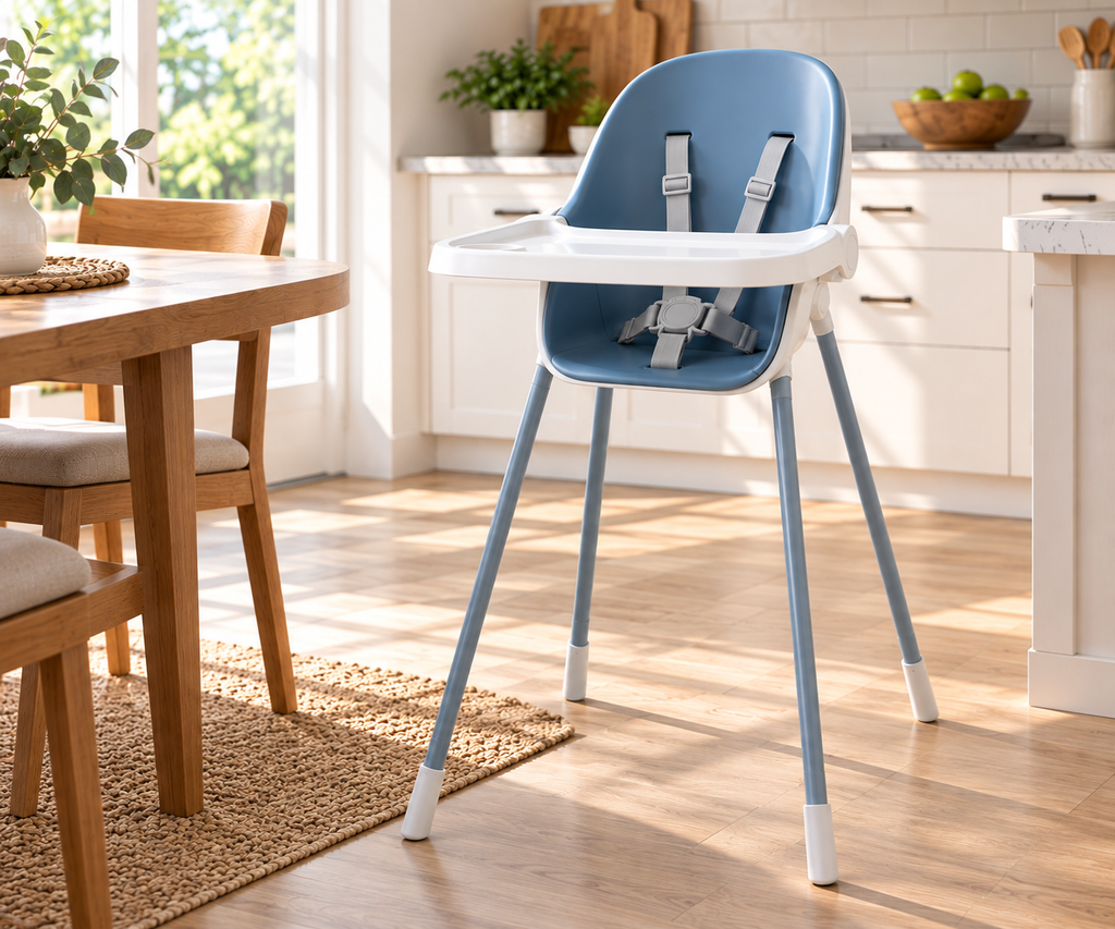Blue 4-in-1 folding baby high chair with removable tray in a bright kitchen.