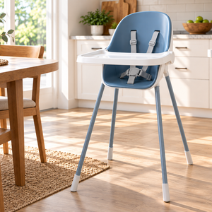 Blue 4-in-1 folding baby high chair with removable tray in a bright kitchen.