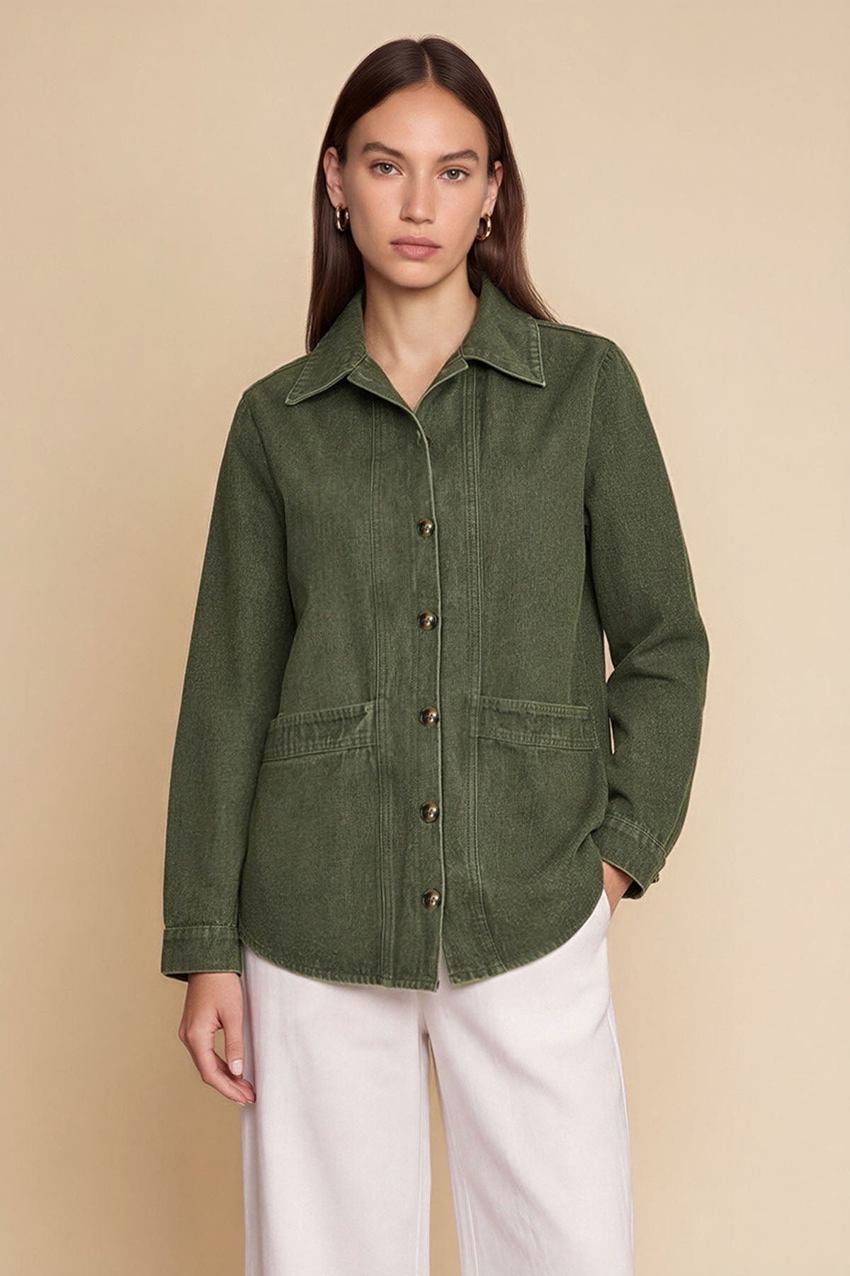 Womens Army Green Button Down Denim Jacket | CicyBell - Army Green / Small