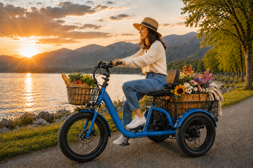 Woman riding a blue electric tricycle beside a mountain lake at sunset, carrying fresh produce and colorful flowers.