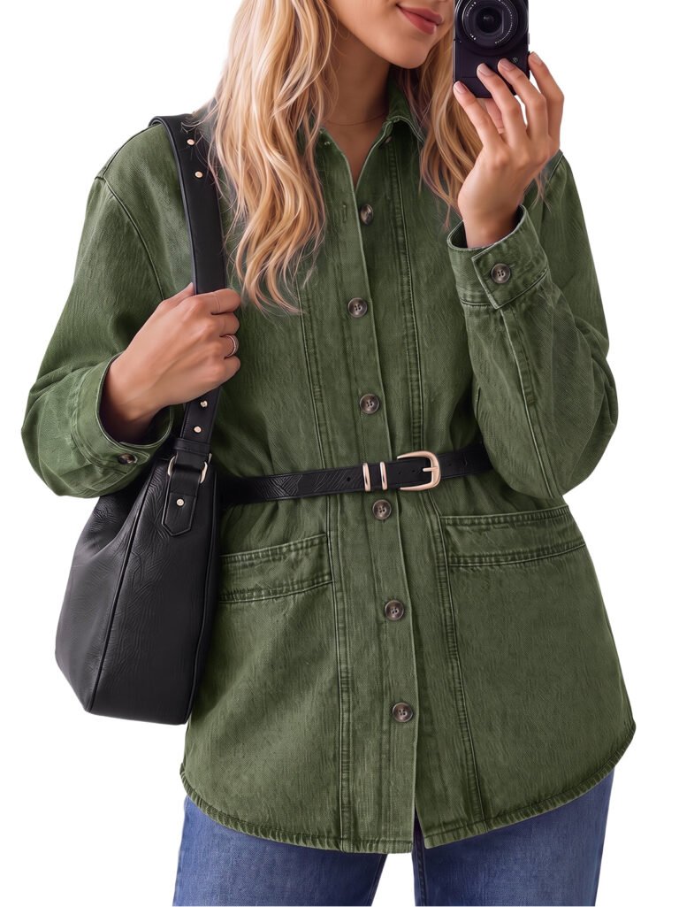 Womens Army Green Button Down Denim Jacket | CicyBell - Army Green / Small