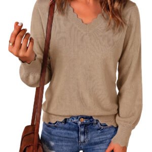 Womens Khaki V Neck Long Sleeve Sweater | CicyBell - Khaki / Small