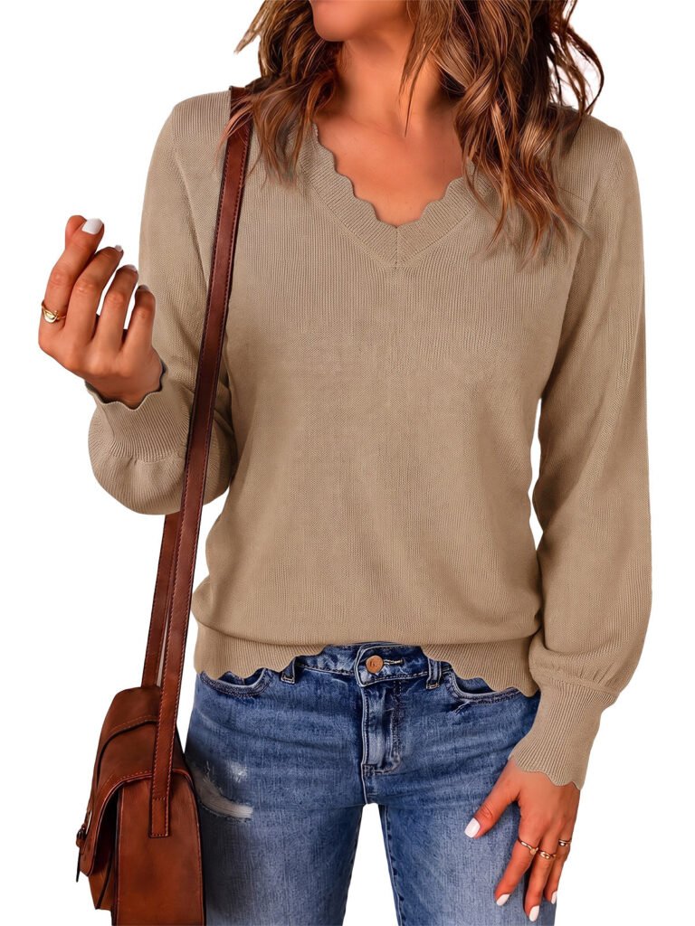 Womens Khaki V Neck Long Sleeve Sweater | CicyBell - Khaki / Small