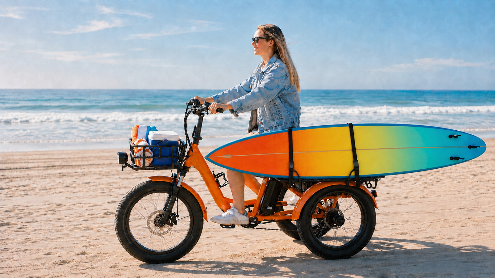 Woman riding an orange electric trike along the beach with a colorful surfboard and beach supplies.