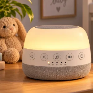 Baby sound machine with soft night light in a cozy nursery.