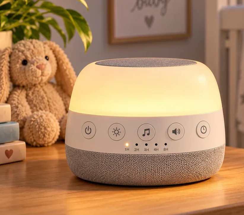 Baby sound machine with soft night light in a cozy nursery.