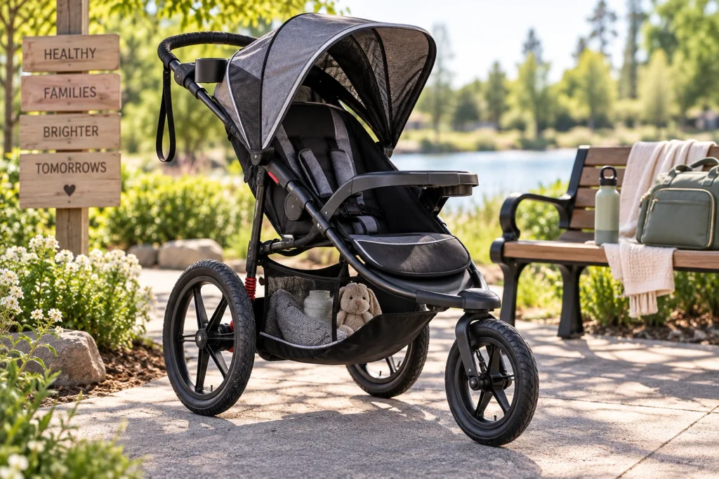 Three-wheel jogging stroller on a sunny park path.