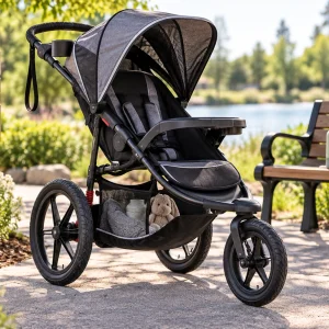 Three-wheel jogging stroller on a sunny park path.