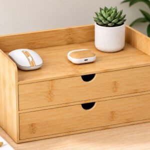 Bamboo desk organizer with two storage drawers for home office