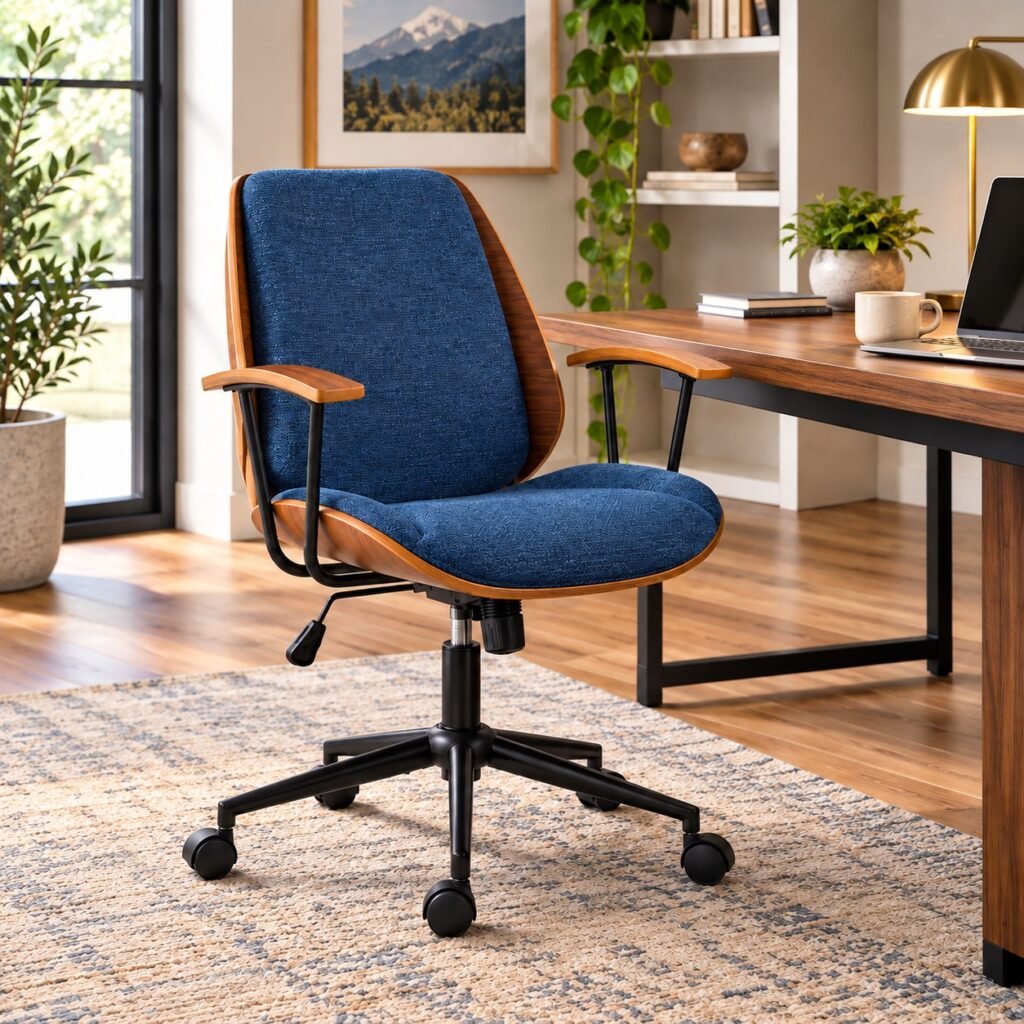 HULALA HOME solid wood office chair with blue upholstery, tilt function, and metal base