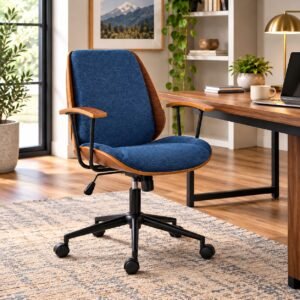 HULALA HOME solid wood office chair with blue upholstery, tilt function, and metal base