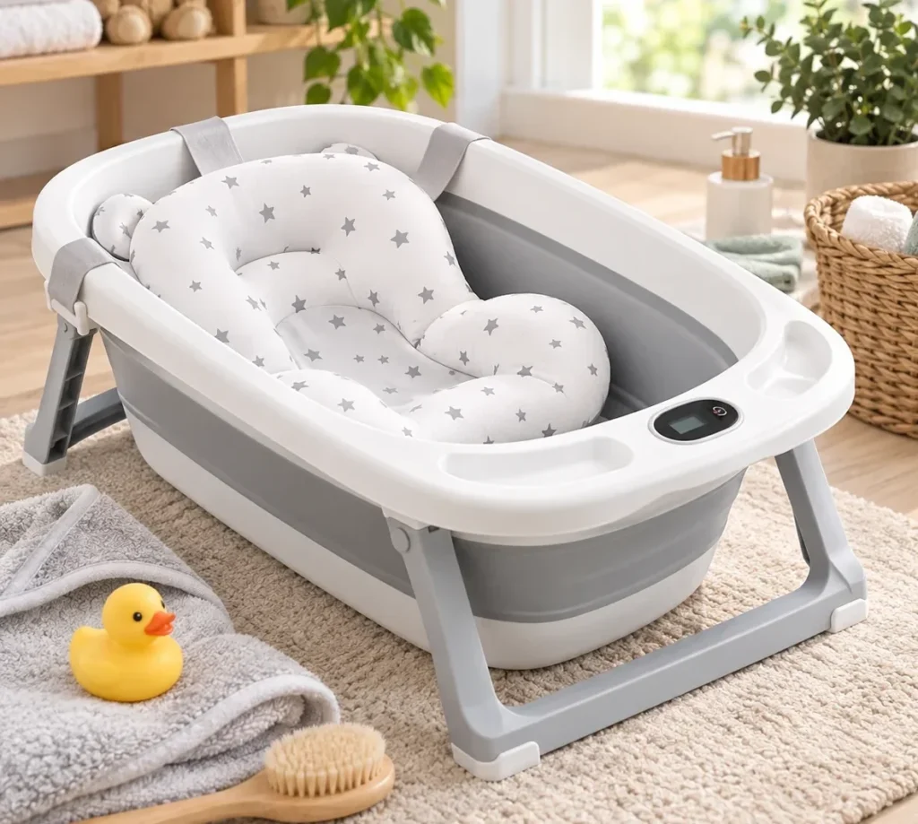 Collapsible baby bathtub set up for newborn bath time.