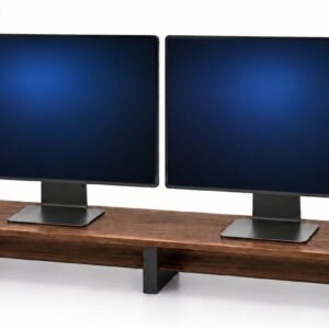 COREMINDED solid wood dual monitor stand riser with two desktop monitors