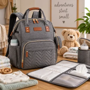 Diaper bag backpack packed with diapers, bottles, wipes, and baby essentials.