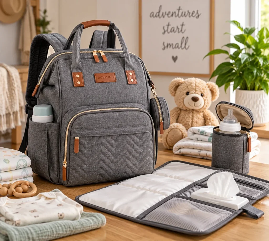Diaper bag backpack packed with diapers, bottles, wipes, and baby essentials.