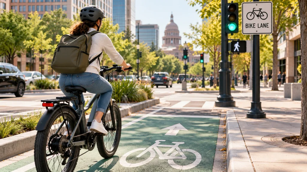 E-bike rider following city bike lane rules on an urban street