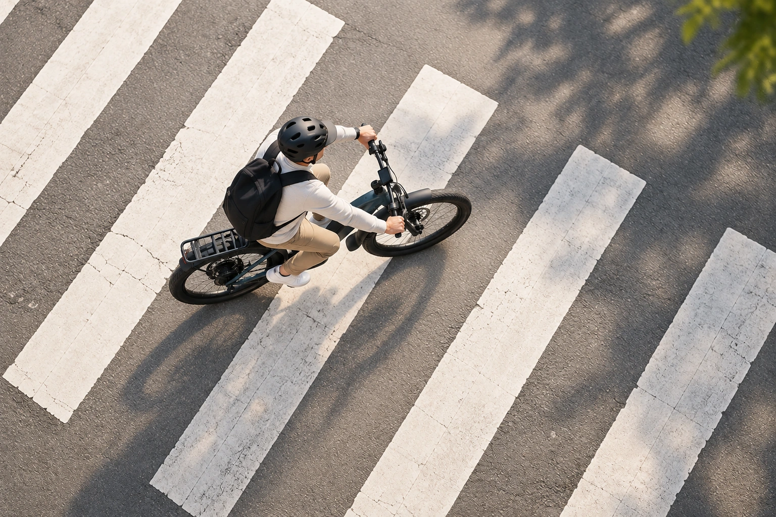 Overhead view of an e-bike rider crossing a city crosswalk.