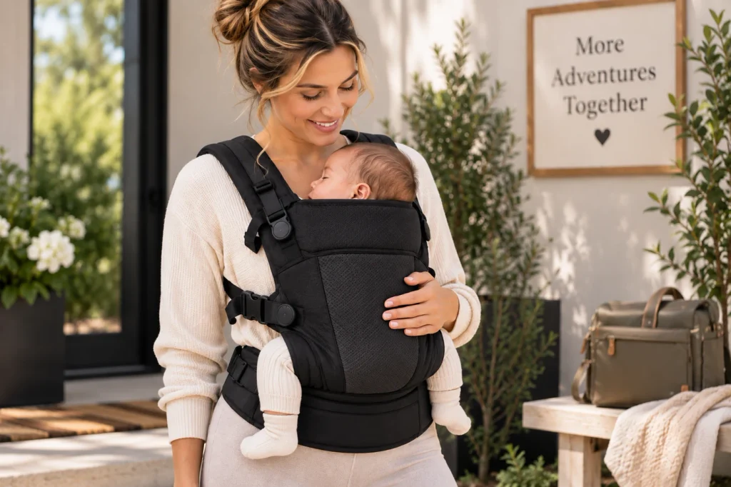 Parent carrying a young baby in a supportive front baby carrier.