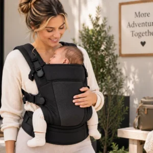 Parent carrying a young baby in a supportive front baby carrier.