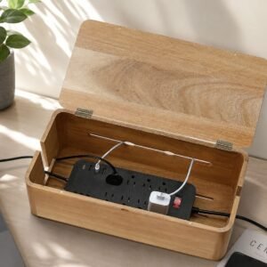 Large acacia wood cable management box concealing power strip and charging cables
