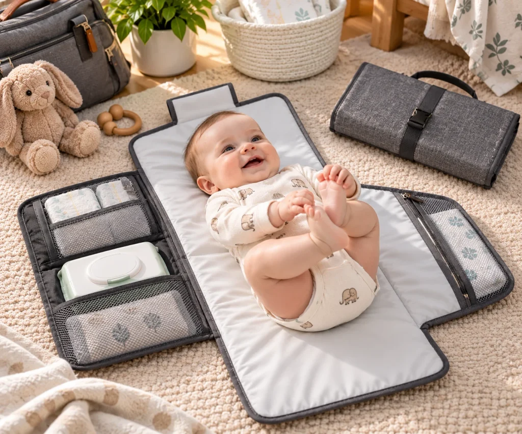 : Portable diaper changing pad with diapers, wipes, and organized storage pockets.
