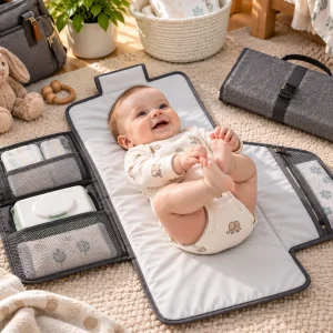 : Portable diaper changing pad with diapers, wipes, and organized storage pockets.