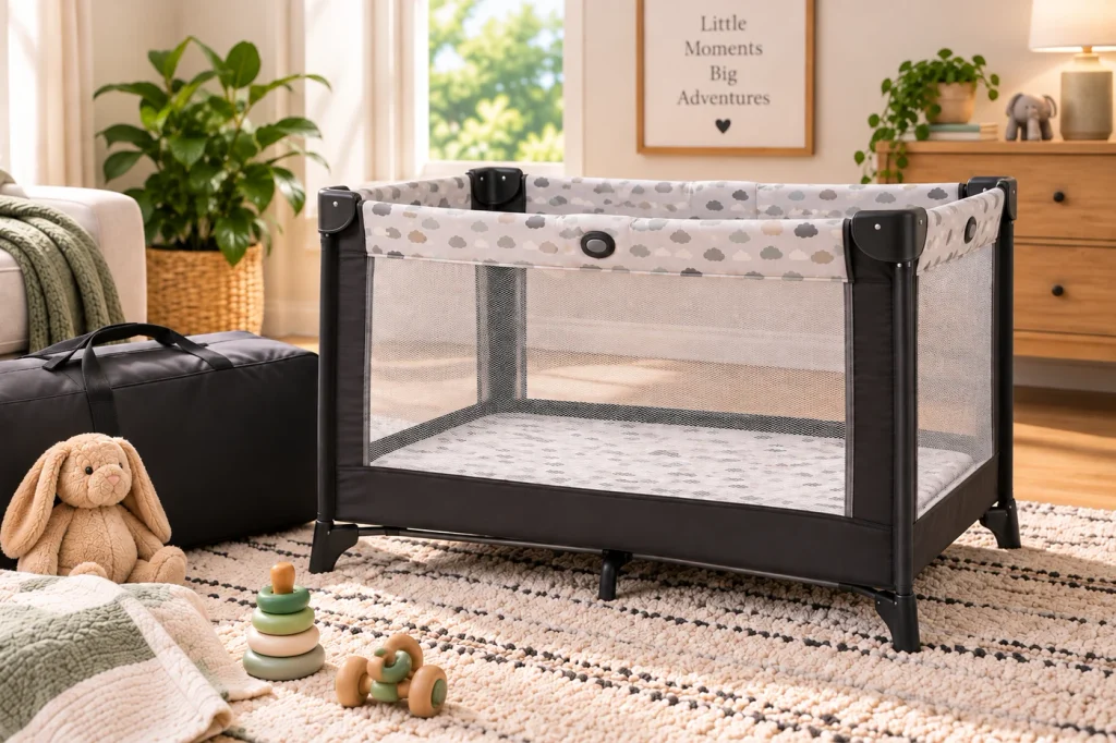 Portable mesh playard set up in a bright modern nursery.