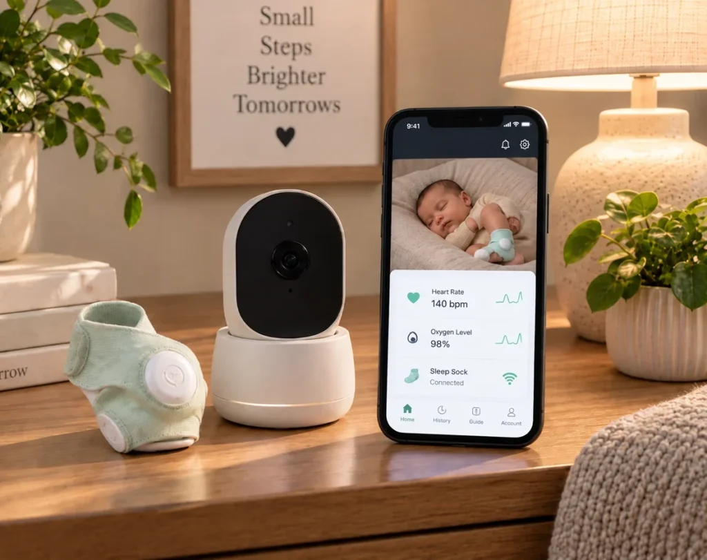 Smart baby monitor with wearable sock, nursery camera, and smartphone app.