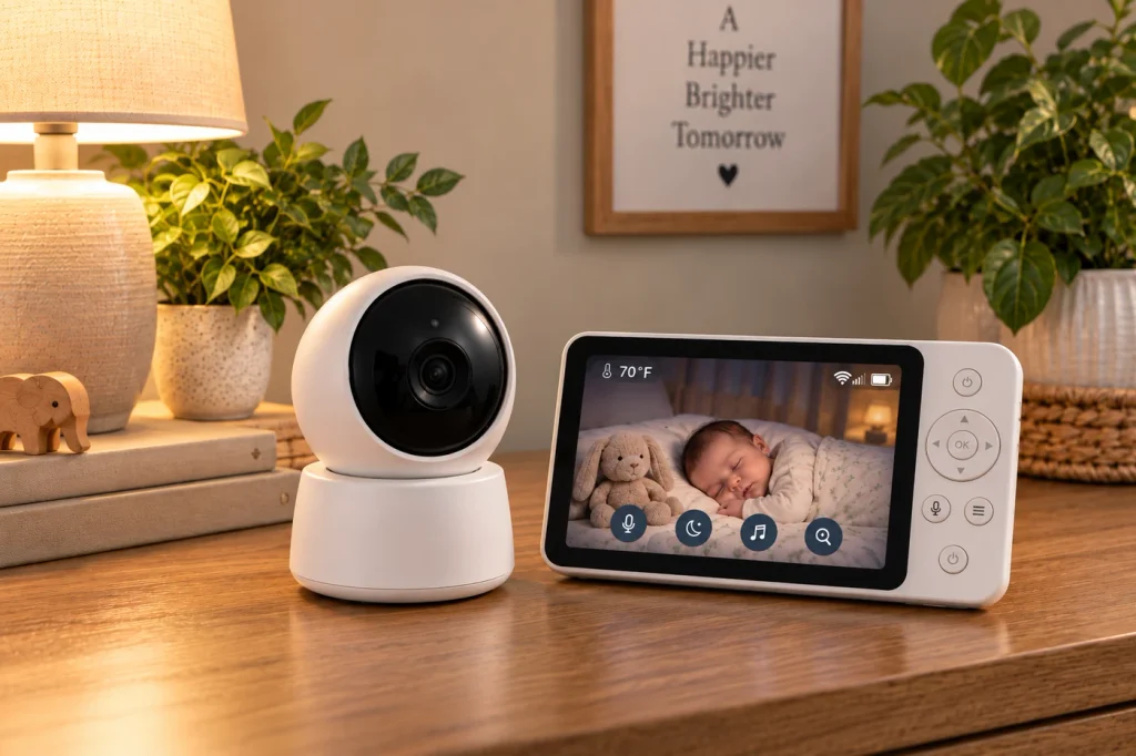 Video baby monitor and nursery camera with a sleeping baby shown on the monitor screen.