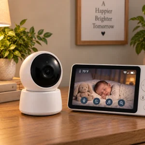 Video baby monitor and nursery camera with a sleeping baby shown on the monitor screen.
