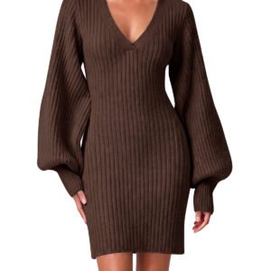 Women Puff Long Sleeve V Neck Knit Pullover Dress | Cicy Bell - Apricot / X-Small