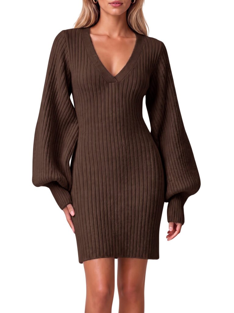 Women Puff Long Sleeve V Neck Knit Pullover Dress | Cicy Bell - Apricot / X-Small