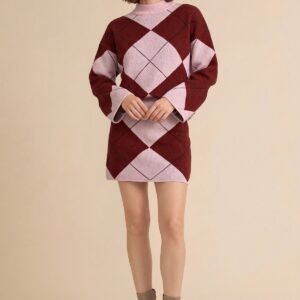 Womens Burgundy Argyle Sweater Mini Skirt Sets| CicyBell - Burgundy / X-Small