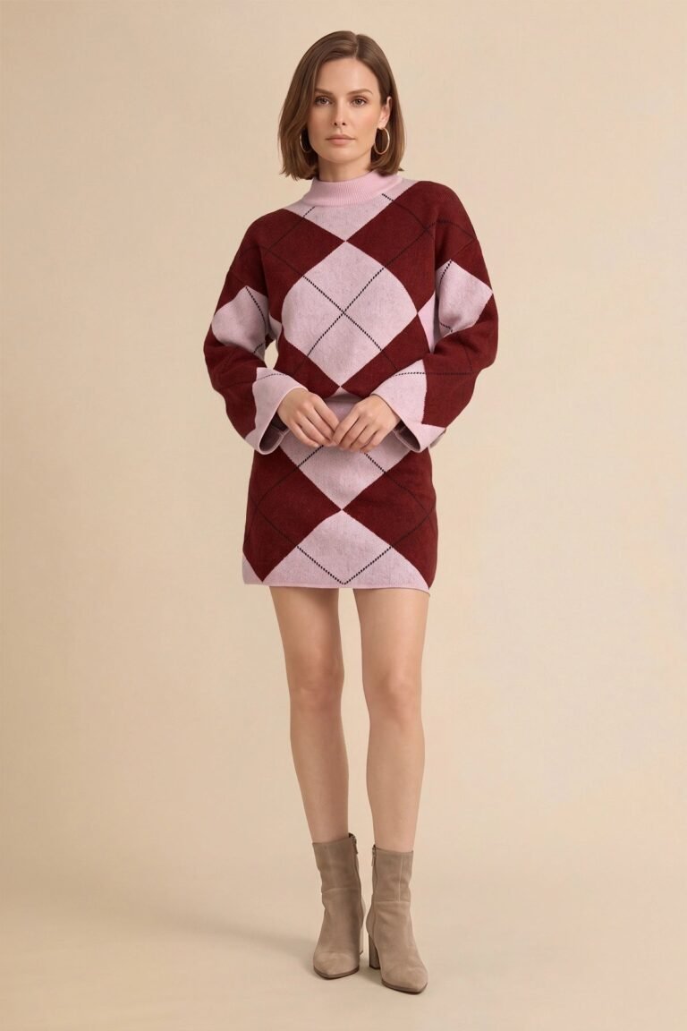 Womens Burgundy Argyle Sweater Mini Skirt Sets| CicyBell - Burgundy / X-Small